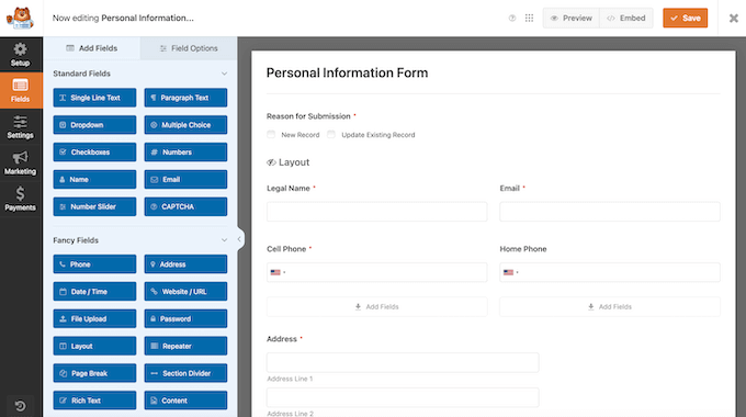Editing a privacy compliance form in the WPForms drag-and-drop interface Editing a privacy compliance form in the WPForms drag-and-drop interface