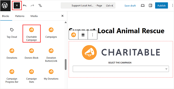 Add Charitable campaign block to a page Add Charitable campaign block to a page