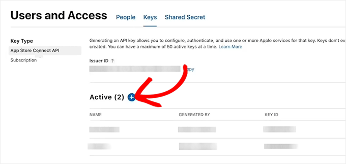 Click the + icon on the Keys page Click the + icon on the Keys page