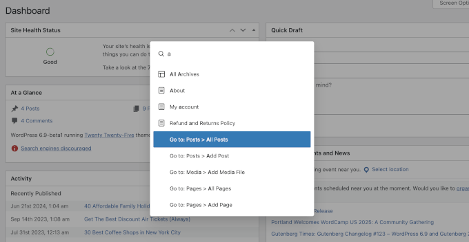Command palette in WordPress dashboard Command palette in WordPress dashboard