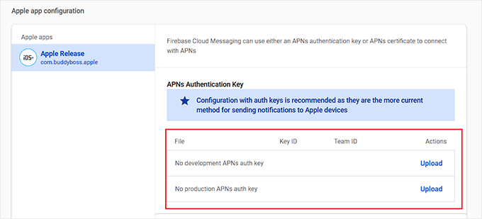 Upload iOS APN authentication key Upload iOS APN authentication key