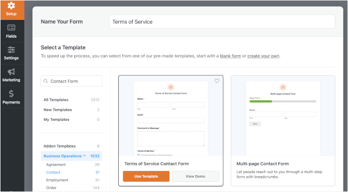 Using the Terms of Service form template Using the Terms of Service form template