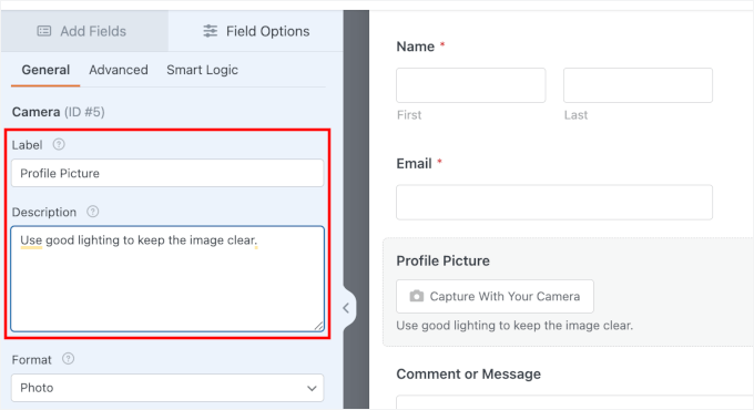 Adjusting the Camera field's label and description Adjusting the Camera field's label and description