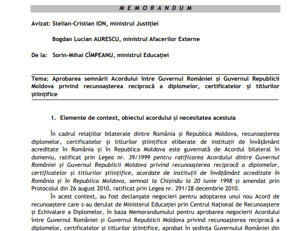 Doc Guvernul De La BucureÈti A Aprobat Memorandumul Privind Semnarea Acordului Intre Romania Èi R Moldova In LegÄturÄ Cu RecunoaÈterea ReciprocÄ A Diplomelor De Studii Ziarul De GardÄ