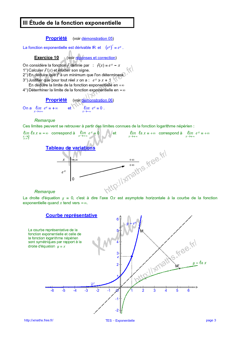 XMaths - Terminale ES - Fonction Exponentielle - Cours et exercices
