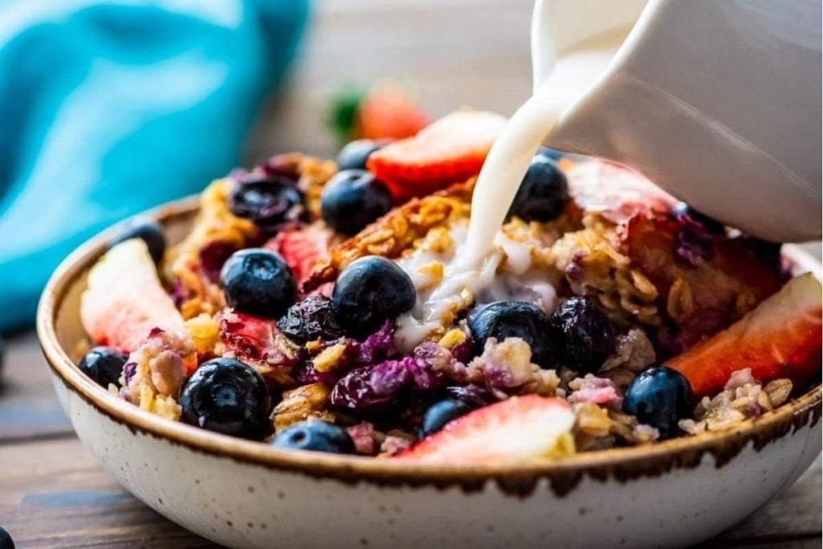 Check out this bowl of oatmeal topped with fresh blueberries and strawberries.