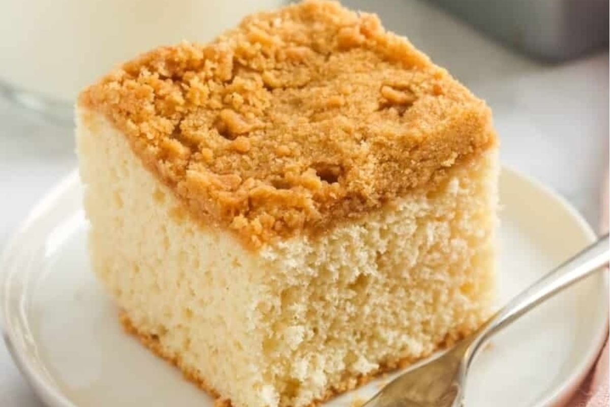 A piece of bisquick cake with a fork.
