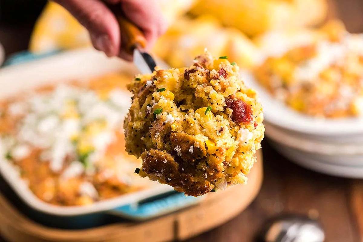 Air Fryer Bacon Loaded Cornbread Pudding.