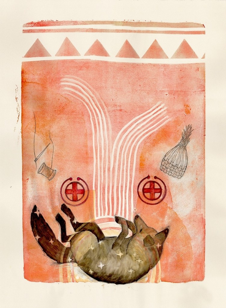 A photo of a painting. The painting has a red, orange background. At the bottom of the image is an upside-down coyote.