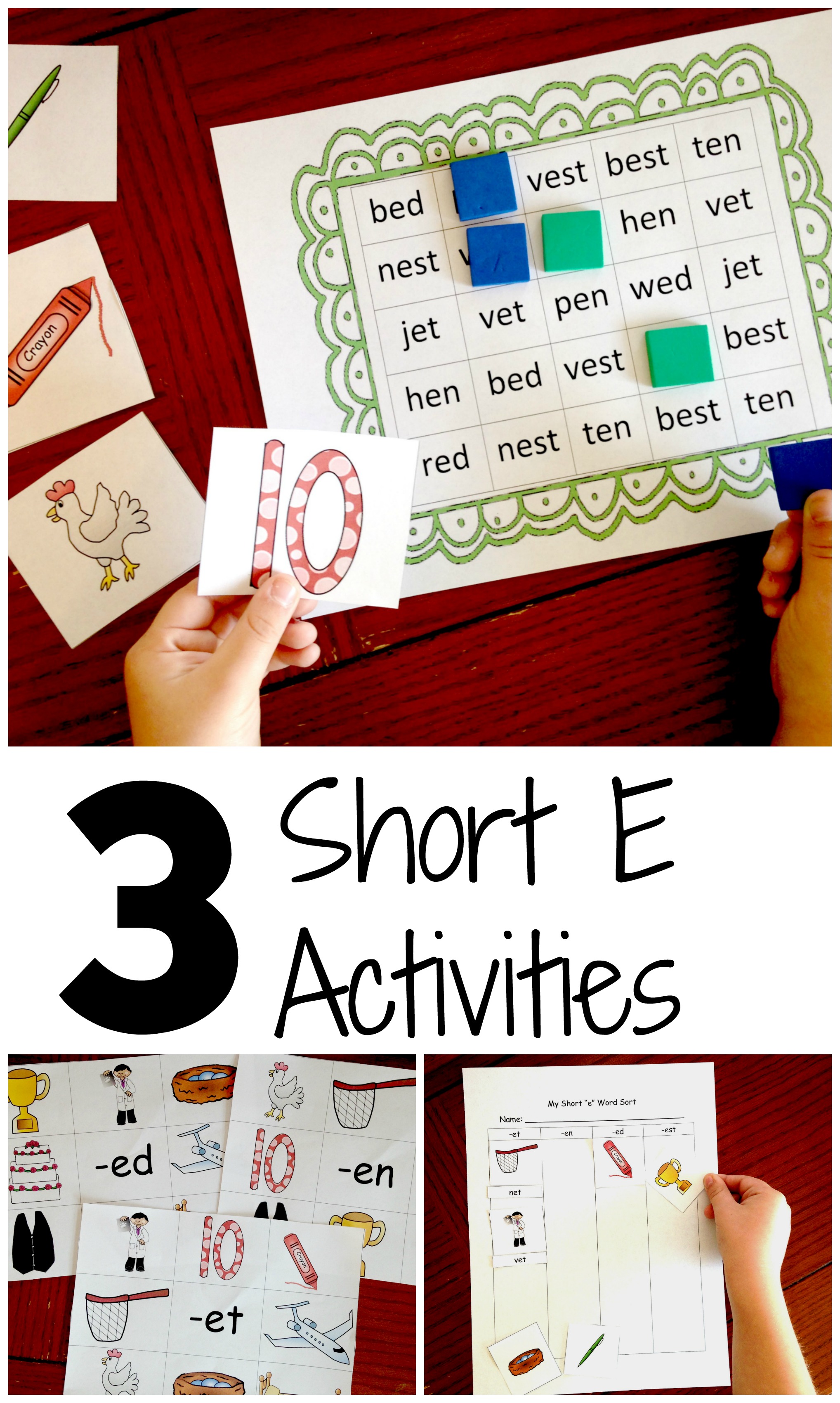 three short e activities to learn ed est et and en word families