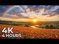 4K 4 Hours Beautiful Nature - Relaxing Sunset \u0026 Poppy Field Ambience, Meditation