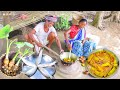 santali tribe grandma cooking wild taro root curry with fish in her traditional method || fish curry