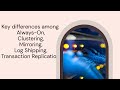 Key differences among Always-On, Clustering, Mirroring, Log Shipping, and Transaction Replication.