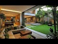 Seamless Indoor-Outdoor Luxury Living Room with Lush Backyard Garden for Modern Home