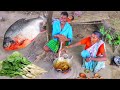 rupchanda fish \u0026 mooli shak recipe prepared by santali tribe grandma for lunch || fish curry revipe