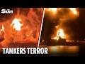Moment huge explosions tear through oil tankers as Iran bomb boats strike in Persian Gulf