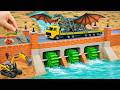 Dinosaur Fire Attack! Building a Strong Mini Brick \u0026 Concrete Bridge by Hand for Heavy Trucks