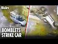 Terrifying moment cluster bomb flips car as bomblets land on Israel