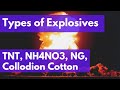 Types of explosives, TNT, Collodion cotton, Nitroglycerine, Ammonium nitrate, Low and High explosive