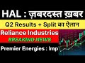 HAL share latest news today 🚨 SPLIT ANNOUNCEMENT 🚨 RELIANCE INDUSTRIES share •PREMIER ENERGIES share
