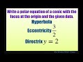 Write polar equation of conic with focus at origin: Hyperbola, eccentricity 1.5, directrix y=2