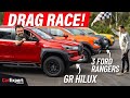 Drag race: Toyota HiLux GR Sport v Raptor v V6 Ranger v Wildtrak! Surprising results!