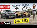 Ford Ranger Raptor v Wildtrak V6 v Wildtrak 4cyl Dragparison: Drag race, sound test \u0026 0-100!