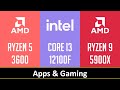 RYZEN 5 3600 vs CORE I3 12100F vs RYZEN 9 5900X - Apps \u0026 Gaming