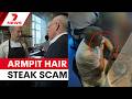 Family caught on camera planting armpit hair on expensive steak | 7NEWS