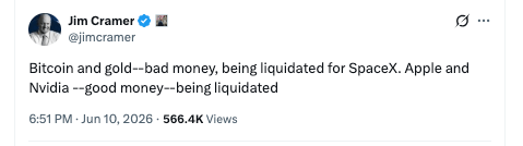 La « mauvaise monnaie » du Bitcoin et de l'or en cours de liquidation pour l'introduction en bourse de SpaceX : Jim Cramer ⋆ ZyCrypto La « mauvaise monnaie » du Bitcoin et de l'or en cours de liquidation pour l'introduction en bourse de SpaceX : Jim Cramer ⋆ ZyCrypto